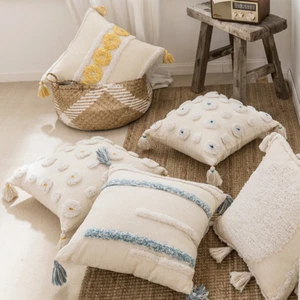 Handmade Moroccan Style Pastel Colour Nordic Boho Tassel Cushion Cover Cotton - Foto 1 di 24