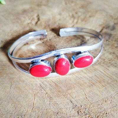 Elegant Red Coral Gemstone 925 Sterling Silver Handmade Bracelet Cuff S-38 - Image 1 of 4
