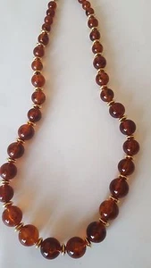 Vintage NAPIER Long Necklace Graduated Chunky Amber Lucite Beads with Gold Accen - Picture 1 of 5