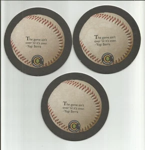 3 Cooperstown Brewing Co. Coasters w/Yogi Berra's "The game ain't over" Quote - Picture 1 of 2