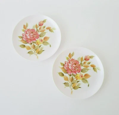 Red Floral Rose Melamine BREAD Plate Set of 2 Pretty Plastic Camping Dishes - Image 1 of 4