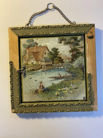Antique Triptych Trifold Hanging Travel Mirror  2 Pastoral Scenes Cover
