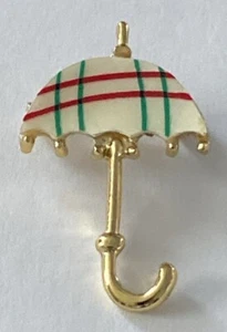 Vintage Emaille gestreift kariert rot grün goldfarben Regenschirm Brosche Anstecknadel 1,5" - Bild 1 von 3