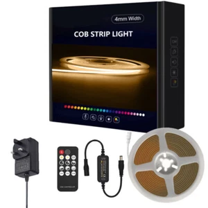 4mm COB LED Strip Dimmable Tape Light Set Remote Control Warm White UK Plug - Picture 1 of 27