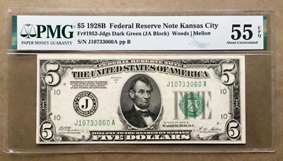 1928B  $5 FRN  KANSAS CITY  FR 1952-J DGS   PMG 55 EPQ  Ser# J 10733060 A - Image 1 of 3