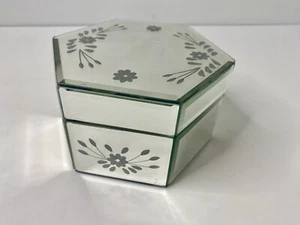 Beveled Glass Mirror Venetian Style Italy Trinket Box Hexagon Floral Etched - Picture 1 of 8