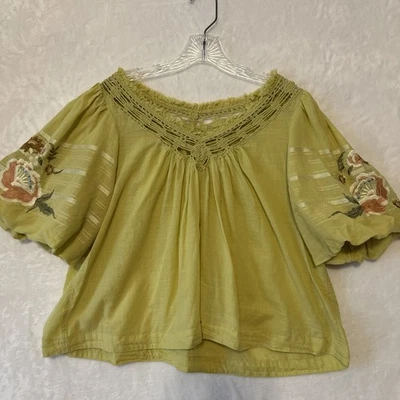 Top Recortado Free People Talla S Verde Bordado Mangas Abullonadas Boho Arte Campesino Foto 1 de 4