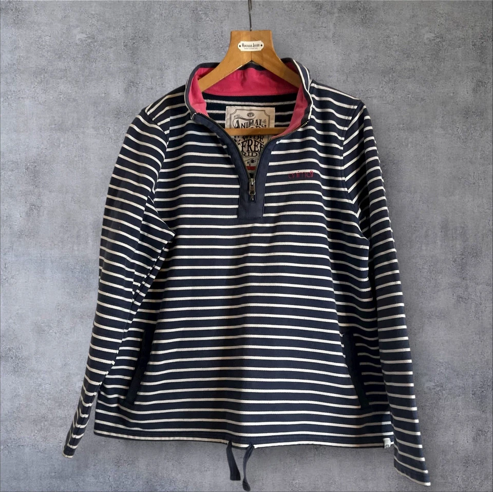 ANIMAL Womens Zip Neck Sweatshirt Jumper UK 16 Navy Blue Striped  - Image 1 of 4