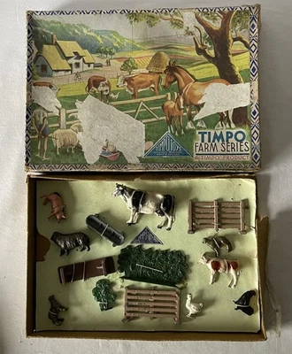 Juego completo de 14 animales y otros juguetes de plomo Timpo Farm Series vintage RARO Foto 1 de 4
