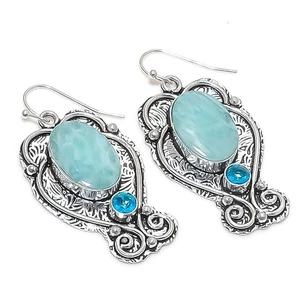 Amazonite, Blue Topaz Gemstone 925 Sterling Silver Jewelry Earring 1.89" - Picture 1 of 5