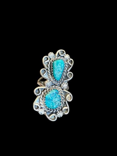 Vintage Southwest Detailed Sterling Double Turquoise Ring Size:5.75