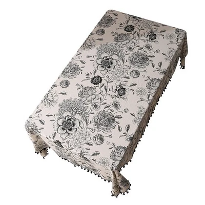 Chic Bohemian Tablecloth in Cotton Linen with Peony Floral Print and Tassels - Image 1 of 4