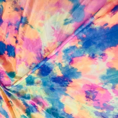 Abstract Tie dye Blue and Orange Spandex Fabric  Stretch By Yard for swimwear - Image 1 of 4