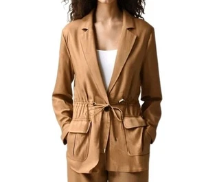 Calvin Klein Womens Tan Linen Blend Pocket Blazer Utility Jacket Sz XL - Picture 1 of 10