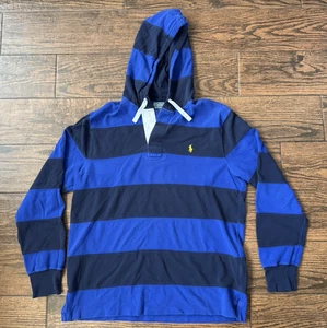 Vintage Polo Ralph Lauren gestreiftes Rugby Langarm Kapuzenshirt - blau gestreift L - Bild 1 von 9