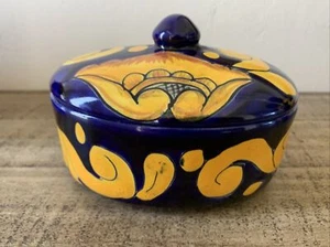 Castillo Hecho En Mexico Handmade Trinket  Box Red Clay Cobalt Yellow Flowers - Imagen 1 de 4