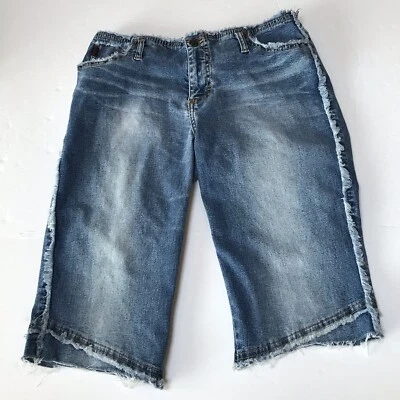 Vintage 90s Y2K Mudd Yo Denim Jorts Shorts 9 Low Bermuda Fringe Boho Grunge Rave - Image 1 of 4