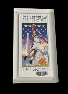Boleto completo del Juego de Estrellas de la NBA Iverson 2001 Jugador Más Valioso Kobe Shaq Payton VIP Sec Lucite Foto 1 de 2