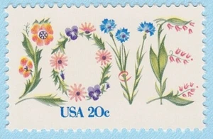 1982 LOVE STAMP FLOWER BLUE PINK VIOLET GREEN VINE LEAVES 20c USA POSTAGE MNH - Picture 1 of 2