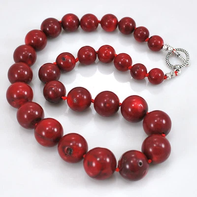 Red Coral Round Beads Hand Knotted Silver Toggle Necklace 20" FREE SHIPPING - Image 1 of 4