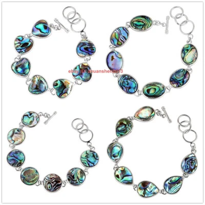 Brazalete brazalete de eslabones con incrustaciones hechas a mano con con concha de abulón arco iris natural Foto 1 de 4