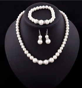 Faux Pearl Crystal Necklace Earrings Bracelet Set Jewelry Wedding Bride Gift - Picture 1 of 9