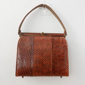 VINTAGE Python Bag Snakeskin Frame Box Purse Brown Exotic Leather Square 60s 70s - Picture 1 of 24