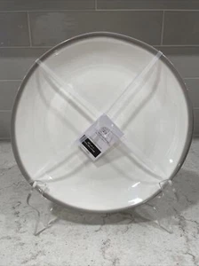 Set 4 WHITE TAUPE GRAY RIM 10.5” DINNER Plates MELAMINE Farmhouse / Panama Jack - Picture 1 of 5