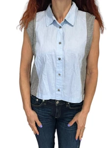 T ALEXANDER WANG Blue Chambray/Gray Sleeveless Cotton Crop Button Down Top L - Picture 1 of 9