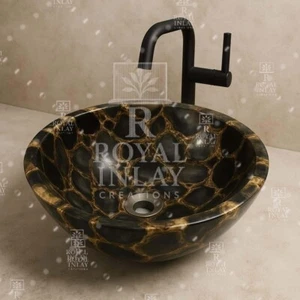 Black Agate Gemstone Sink – Handcrafted Vessel Basin with Gold Veins - Picture 1 of 7