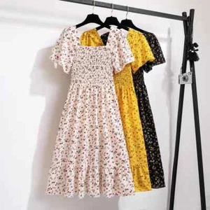 Spring Floral Chiffon Midi Dress Women Backless Casual Pleated Short Sleeve Wear - Picture 1 of 14