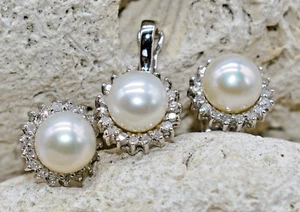 White Pearl & 0.40 CT TW White Diamond 14 K White Gold Pendant & Earrings Set - Picture 1 of 18