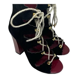 Shoe Republic L.A. Lace Up Open Toe Black Maroon Suede Festive Heels - Picture 1 of 4