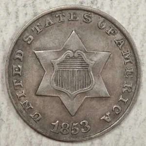 Tres centavos de plata 1853, elección casi sin circular, original 0620-03 - Imagen 1 de 3