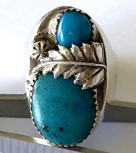 2 Blue Turquoise Vintage Navajo Tribal Ring Sterling Silver Sz 10 - Picture 1 of 11