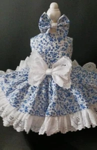 DOG HARNESS DRESS W/ MATCHING Hair bow BLUE CALIO NEW HANDMADE FREE SHIPPING - Picture 1 of 5