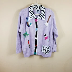 Storybook Knits Purple Button Front Cardigan Lipstick Bow Nail Polish Makeup L - Picture 1 of 12