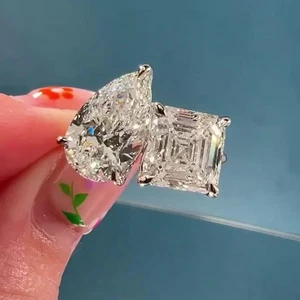 5CTW Pear & Asscher Moissanite Toi et Moi Engagement Ring 14k White Gold Plated - Picture 1 of 6