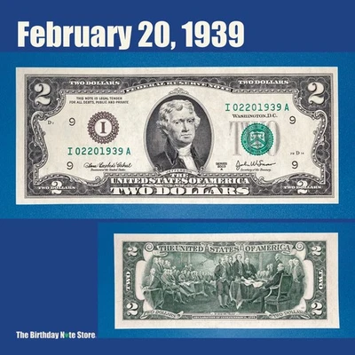 February 20, 1939 Birthday Anniversary $2 Two Dollar Bill Serial Number 02201939 - Image 1 of 2