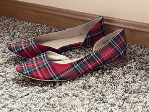 Isaac Mizrahi New York Amaya Red Tartan Plaid Flats size 8 D'orsay Cottagecore - Picture 1 of 8