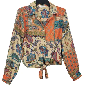Rose + Olive Boho Paisley Bunt Damen Langarm Bluse Hängeknoten Gr. M - Bild 1 von 13