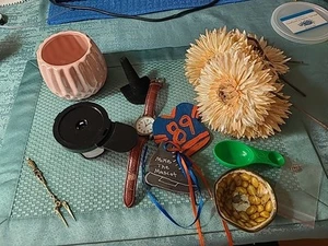 JUNK DRAWER ITEMS: VTG. SMALL FORK, WATCH, SILK FLOWERS, AND OTHER ITEMS - Picture 1 of 18