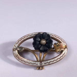Antique Arts And Crafts Silver Guilded Guilloche Enamel Jet Flower Head Brooch. - Picture 1 of 12