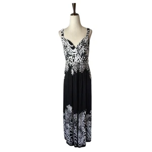 Soma Dress Women Medium Black White Abstract V Neck Maxi Boho Cottage Preppy - Picture 1 of 8