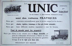 PUBLICITÉ DE PRESSE 1909 LES UNIC CONSTRUITES PAR GEORGES RICHARD - Imagen 1 de 1