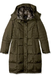 LONDON FOG Women's Chevron Coat with Faux Fur Trimmed Hood size Medium - Picture 1 of 4