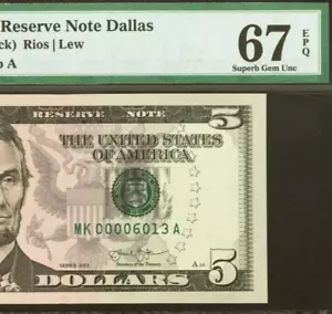 2013 $5 Federal Reserve Note PMG 67EPQ Dallas Birthday Low Serial Number 0006013 - Picture 1 of 3