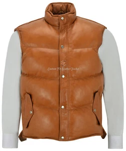 Men's Puffer Leather Waistcoat Tan Padded Lambskin Leather Casual Vest Style - Picture 1 of 10