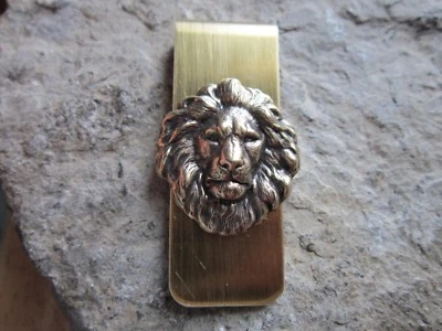 BRONZE LION GOLD PLATED BRASS MONEY CLIP - FATHER'S DAY - AFRICA - LION'S HEAD - Image 1 of 2