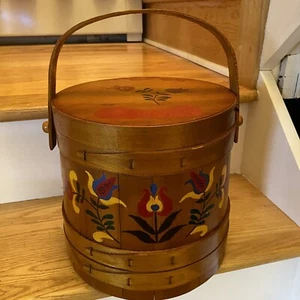 Vintage Wooden FIRKIN Sugar Flour Bucket HAND PAINTED FOLK ART Valkommen Handle - Picture 1 of 24